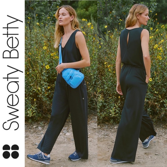 Sweaty Betty Cruise Jumpsuit Wide Leg Pants in Black Minimalist Loungewear S - Picture 2 of 16